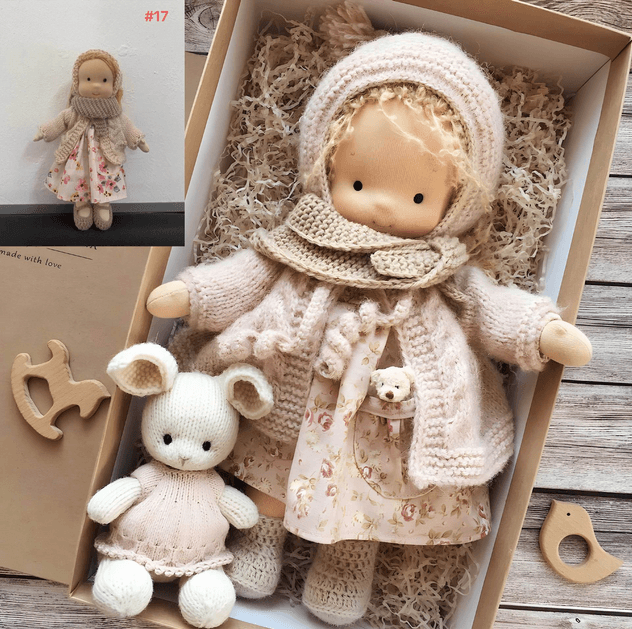 Handmade Waldorf plush doll 35 cm featuring soft cotton and wool in natural shades, perfect for imaginative play and nurturing creativity. 0